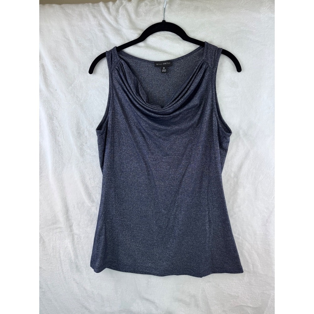 WILLI SMITH Women Glitter Cowl Neck Sleeveless Tank Top Shirt M Blue Metallic